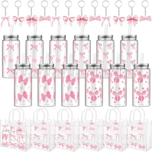 Favors, Baby Shower Game Prizes Baby Shower Gift Bags Cups with Lid and Straw 13.5 oz, Acrylic Keychains for Coquette Birthday Bachelorette(12 Set,Pink Bow)