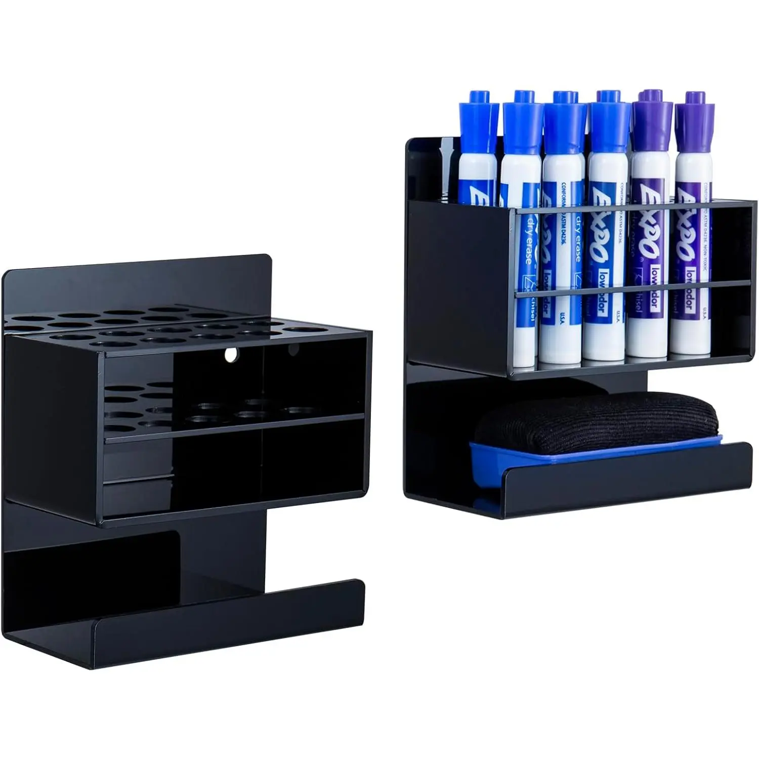 Wall Mounted Marker Organizer (Set of 2, Black) - 10 Slots, Built-In Eraser Holder, 6.25 h x 6 w x 3 d, On the Wall Storage for Markers & Erasers, Ideal for Classrooms & Offices, With Manufacturer Warranty