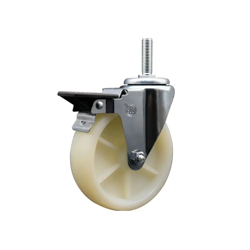 Service Caster SCC-TS20S514-NYS-PLB-34212 Durable Nylon Swivel Threaded Stem Caster, 5x1.25 in. White Wheel, 0.75 in. Stem, Posi Locking Brake, 300 lbs Capacity, Maintenance-Free, for Material Handling Carts & Equipment, Shop Projects Threaded Castors