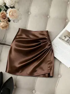 Ladies' satin bread hip skirt, irregularly pleated slit&high waisted A-line skirt - cinched waist for slimming/light mature Chic style, suitable for spring, summer, autumn and winter wear, versatile for commuting, dating, leisure occasions