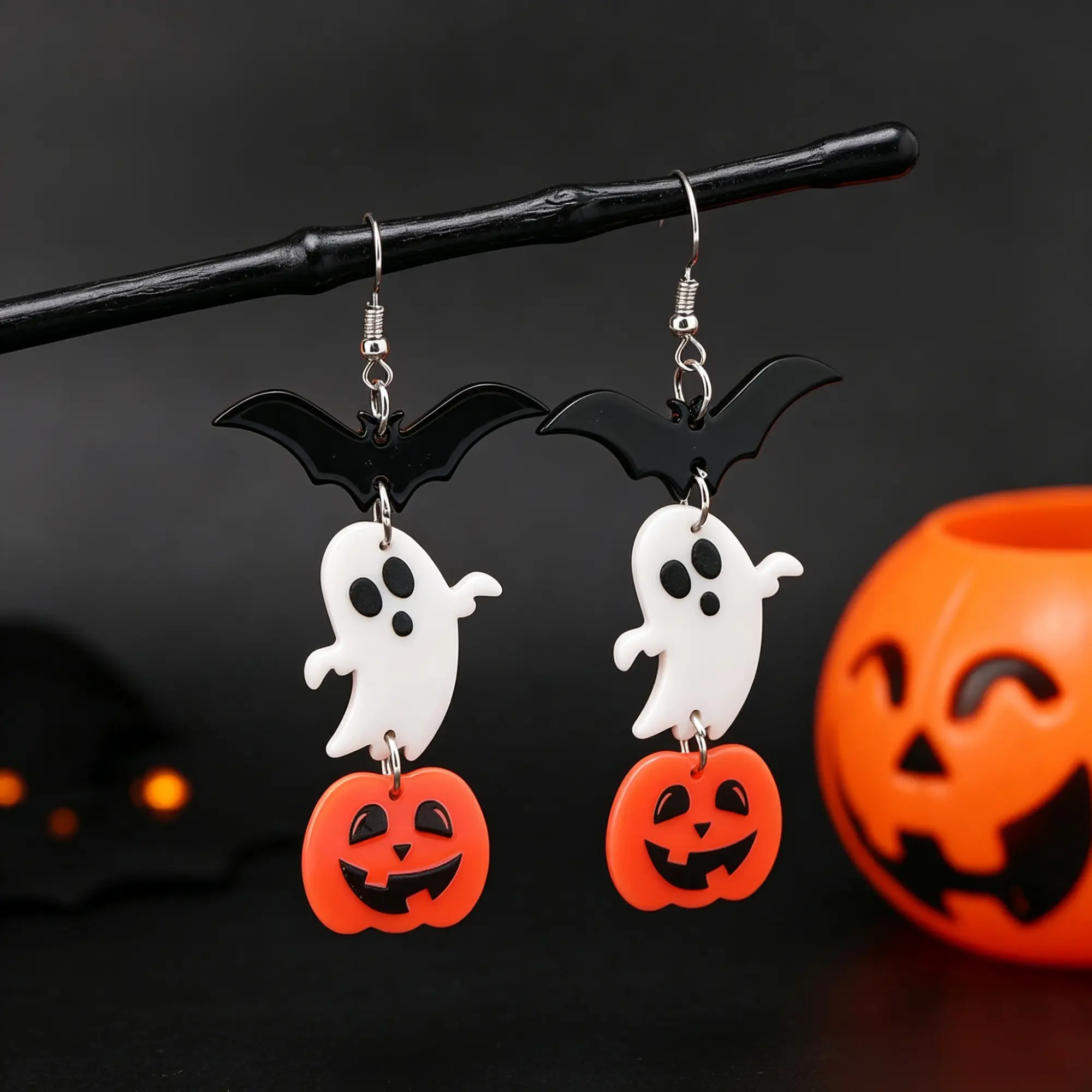 GGIRL Cute Bat Ghost Pumpkin Dangle Earrings—Hypoallergenic, Atmospheric Halloween Dangle Earrings—Halloween Costume Party Accessories And Gifts