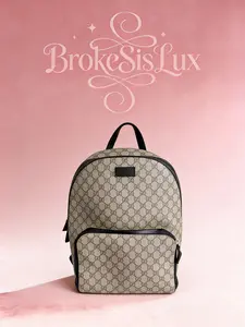 Pre-owned GUCCI Pre loved Supreme Backpack in Beige Monogram Canvas & Black Leather