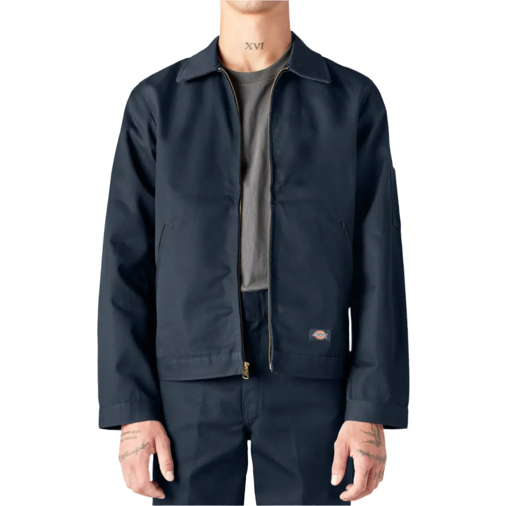Dickies Men's Classic Unlined Cotton Twill Blend Eisenhower Outerwear Jacket - Dark Navy, Long Sleeves, Medium Length, Plain, Durable Fabric, Brass Zipper, Multiple Pockets, Universal Fit, Waist Adjusters, Standard Sizes, Casual Menswear Tops