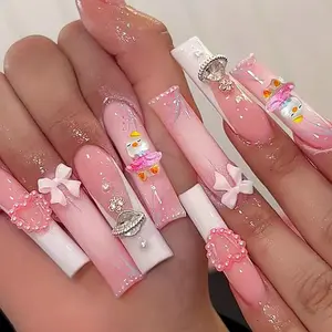 Press on Nails Extra Long Pink French False Nails Silver Planet and Love Heart Pearl Design Fake Nails Artificial Acrylic Nails Bow Tie Nails Full Cover Reusable Coffin Nails Glue on Nails for Women