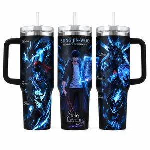 Solo Leveling Sung Jin-Woo Shadow Monarch Anime Tumbler 30oz 40oz, Full Wrap Shadow Army Cup With Igris Beru Tusk Tank Kaisel, Blue Dark Fantasy Stainless Steel Drinkware With Handle And Lid, Not Including The Straw