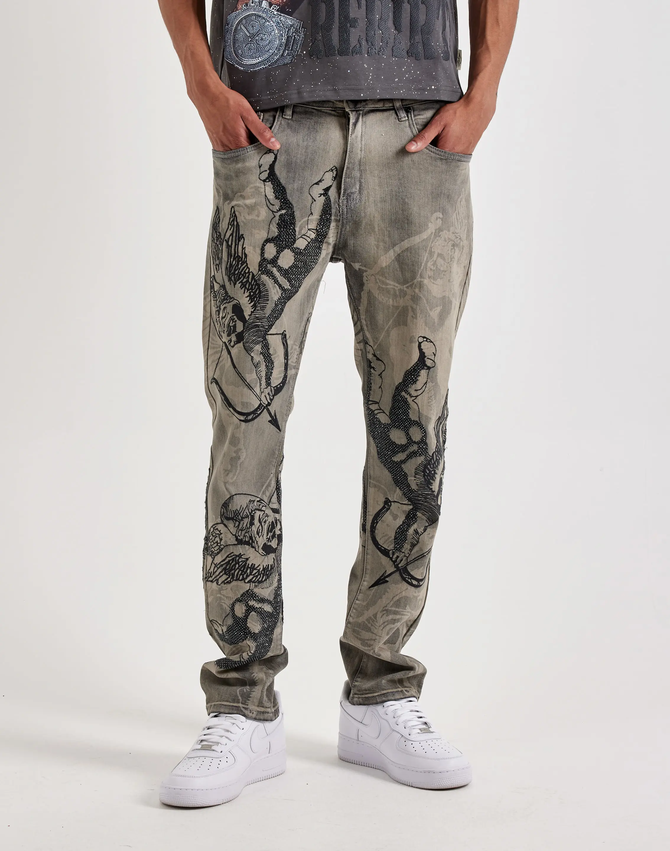 Mens WAIMEA Angel Slim Rhinestone Denim Jeans