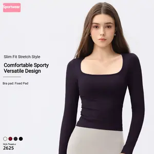 Women'S Sexy Square Neck Shirt With Build In Bra Long Sleeve Double Lined Tees Fitted Going Out Tops