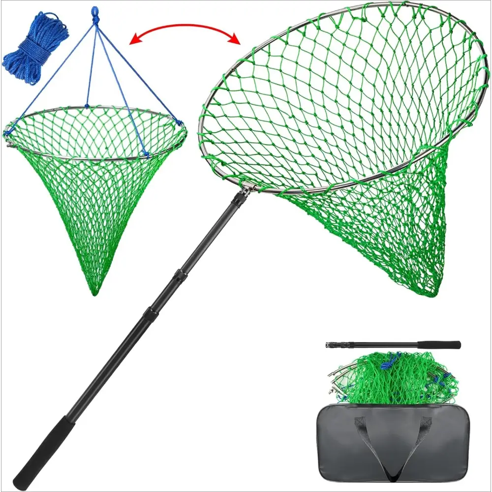 Upgrated Foldable Bridge and Pier Fishing Net, Drop Net Rust-Proof Stainless Steel Ring Landing Fish Net for Saltwater Freshwater Kayak Fishing, Portable Poly Mesh Basket 23" x 32"