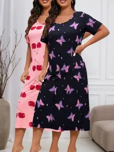 Women's Plus Size Butterfly Cherry Print Sleepwear Set, Casual Comfort Round Neck Short Sleeve Pajamas, All Seasons Home Wear, Loungewear, 2 Piece