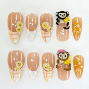 Kawaii Banana Monkey Press On Nails, Cute 3D Fruit Acrylic Nails, Handmade Cartoon Nail Art, Fun Fruit Press On Nails, Summer Nails, Beach