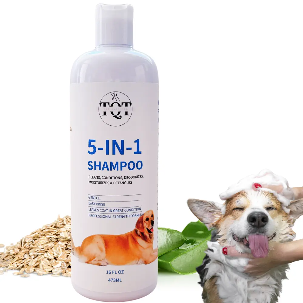 TQT 5 in 1 Dog Shampoo and Conditioner - Premium Dog Wash for Allergies and Dry, Itchy, Moisturizing for Sensitive Skin - Oatmeal & Aloe -16 Fl Oz