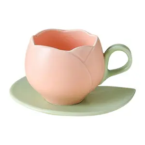Ceramic Tulip Coffee Cup with Sauce, Flower Shape Mug, Handle and Leaf Plate, 5.5cm High, Elegant Drinkware