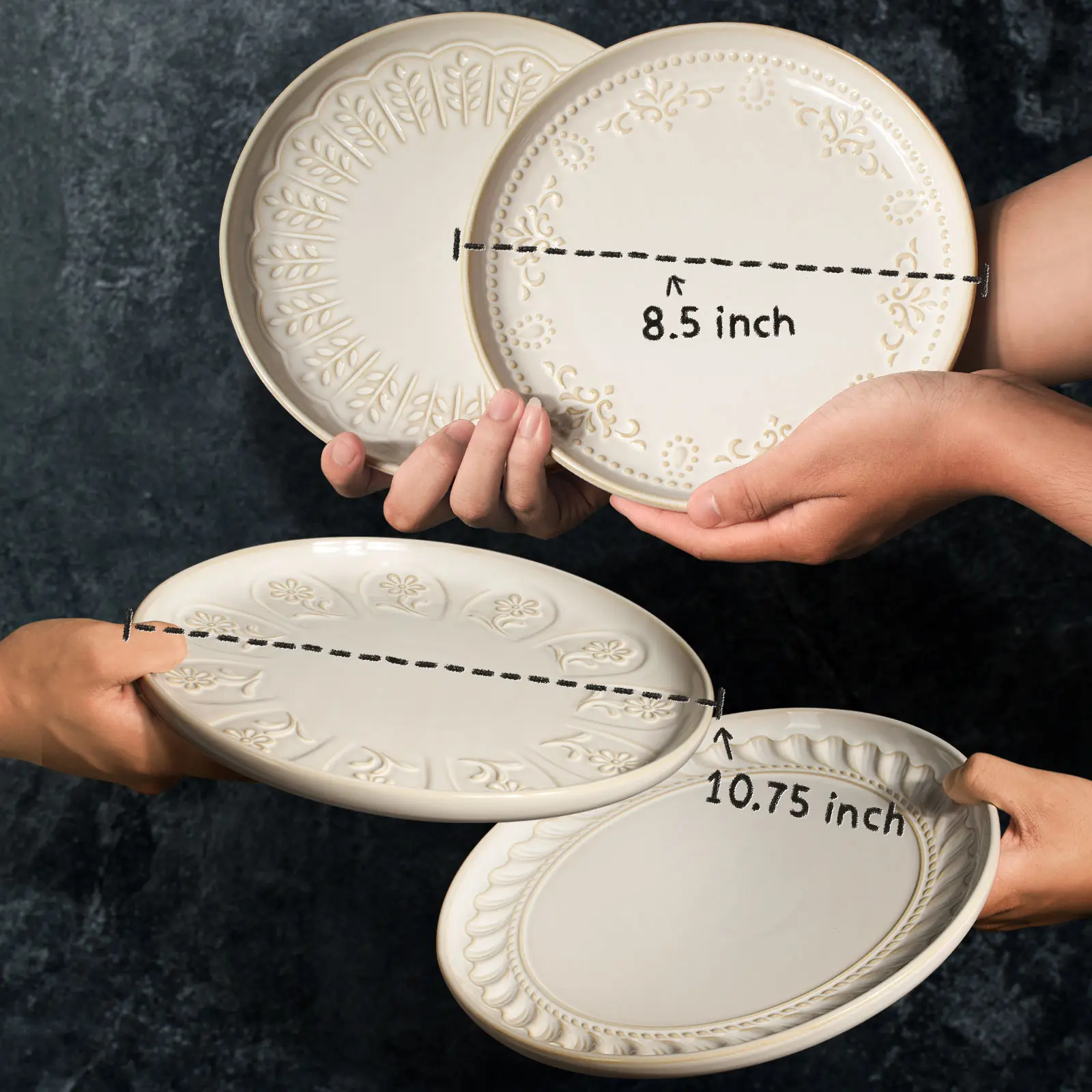 2pcs Artena Embossed Ceramic Plates - 2 Sizes (8.5/10.75 in), Lipped Edges, Microwave & Dishwasher Safe Dinnerware, 2pcs-damask floral 10.75 inch, Household Fruit & Salad Serving Plates