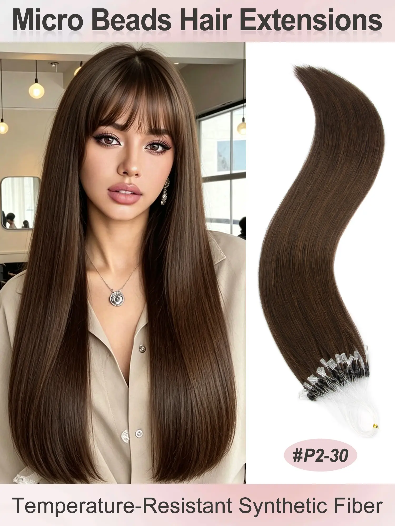 50 Strands Micro Beads Hair Extensions, 20inch Natural Straight Hair, 12 Colors, Add Volume & Length, Synthetic Hair for Women, Synthetic Fiber Extensions, Microbead Hair Extensions