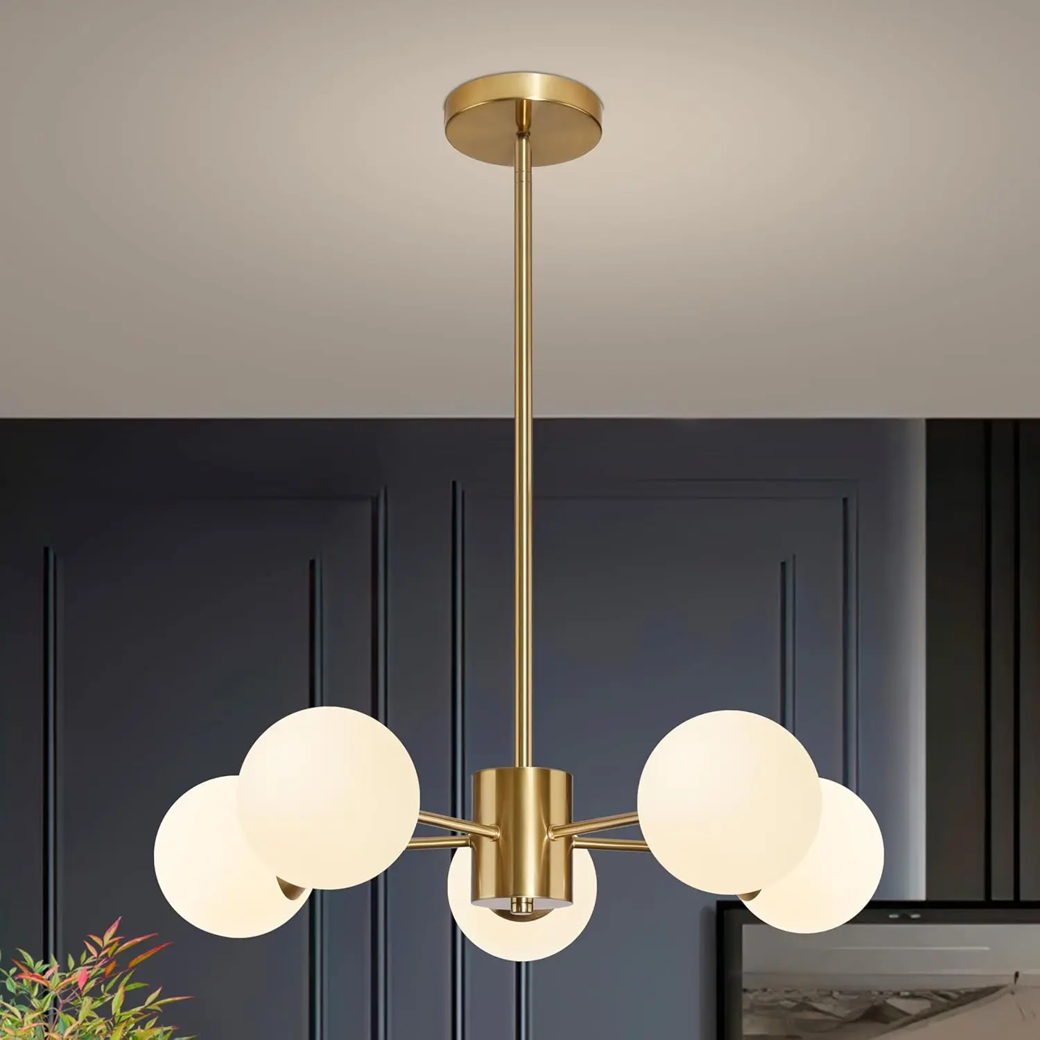 5-Light Globe Sputnik Chandelier Mid Century Sputnik Chandeliers Modern Gold Globe Pendant Light Brushed Brass Finished with White Frosted Glass Lampshade for Dining Room Bedroom Kitchen