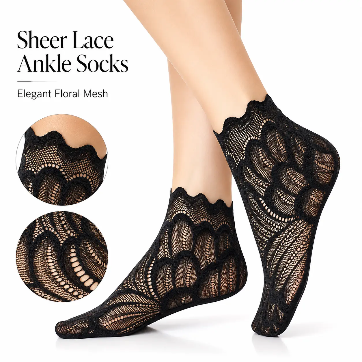 Women’s Lace Ankle Socks, Cotton Sole Sheer Mesh Short Socks, Breathable Low Cut Cute Summer Socks for Flats, Loafers & Mary Janes