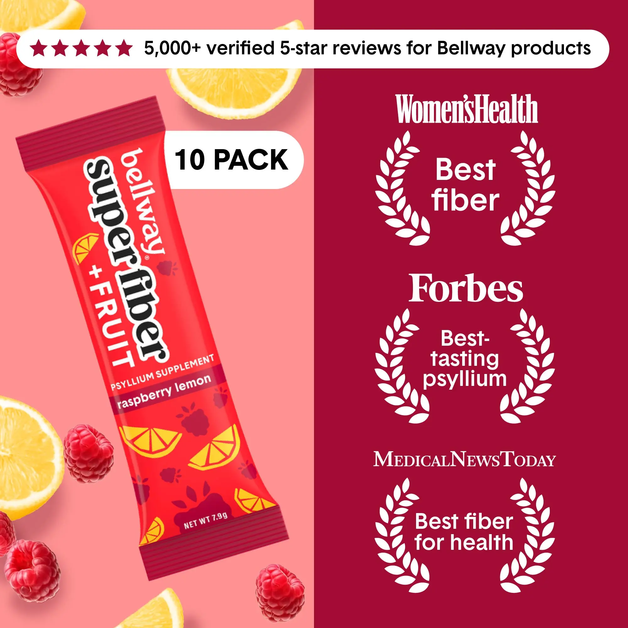 Bellway Super Fiber Packets + Fruit, Sugar Free Organic Psyllium Husk Powder Fiber Supplement to Go for Regularity, Bloating Relief & Digestive Health, Plant-Based, Raspberry Lemon (10 Packets)