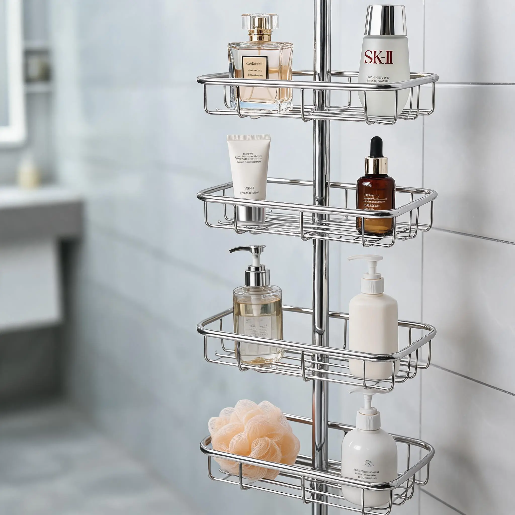 Adjustable Shower Corner for Bathroom, 4-Tier Rustproof Bathroom Organizer Shelves with Pole, Floor Standing Bath Rack for Bathtub Shampoo Storage