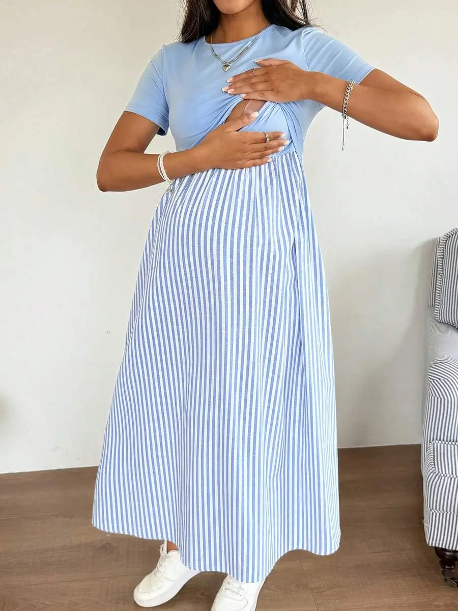 MaterniRIO Maternity Clothes Nursing Dress Spring And Summer Pregnant Comfortable Casual Blue & Striped Patchwork Round Neck Short Sleeve