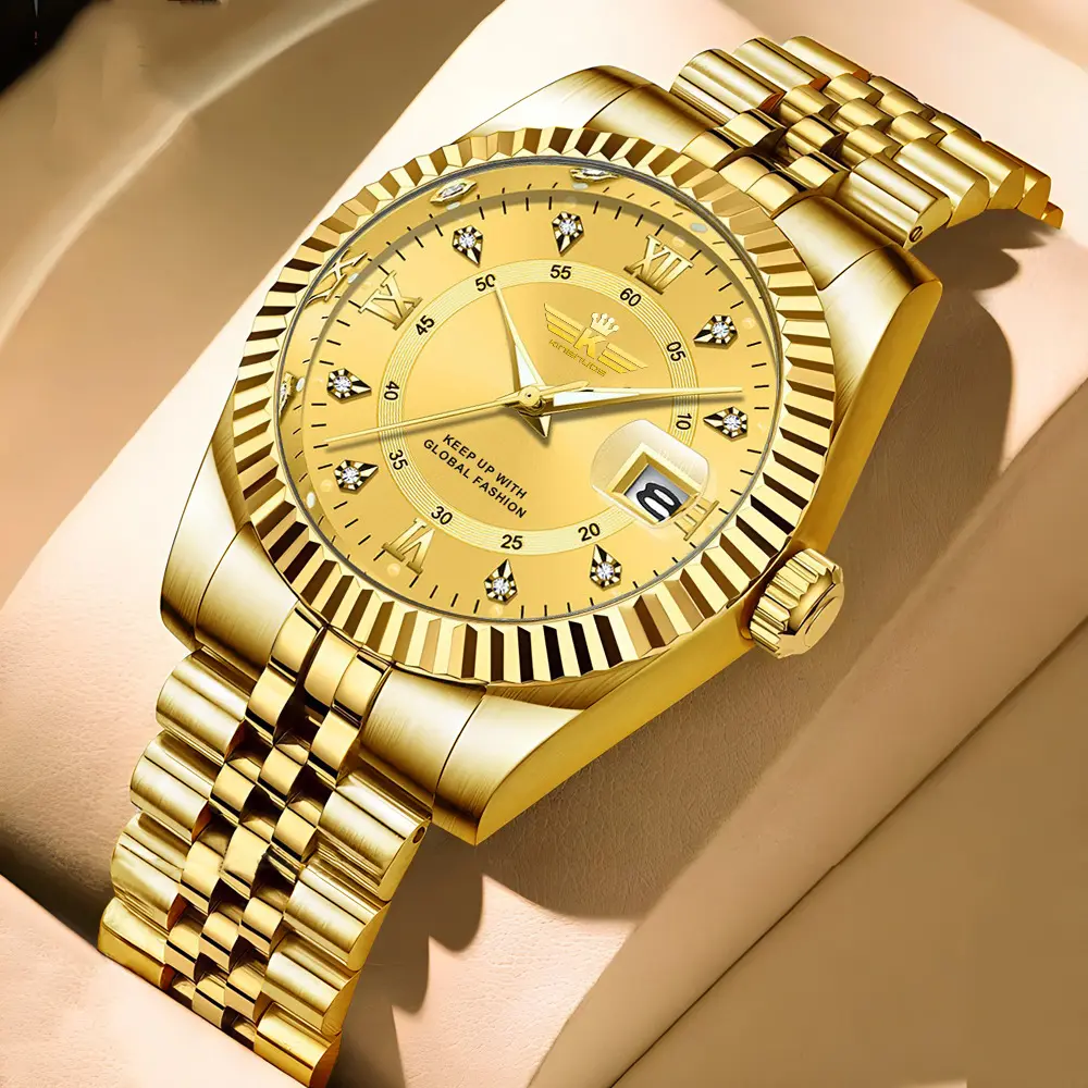 Unisex Luxury Business Quartz Watch with Date Display, Fluted Bezel and Crystal Round Dial, Stainless Steel Bracelet in Gold & 2-Tone, Watches, Business Look, Quartz Drive, Circular Form, 12 Months, 40Mm