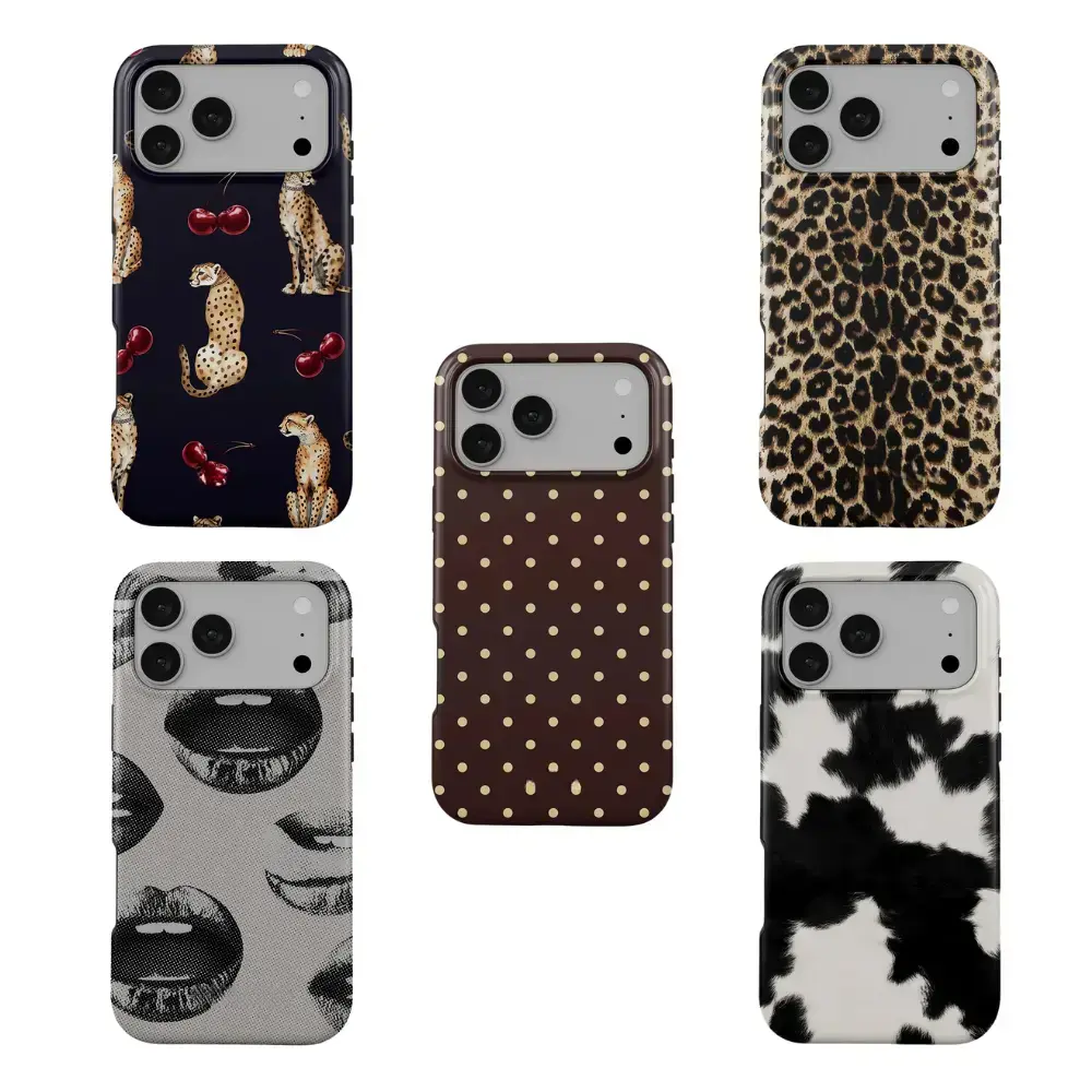 Aesthetic Phone Case – Chic Cheetah Cherry Print, Leopard Pattern, Brown Polka Dots, Artistic Lips & Cow Print – Stylish Protective Cover for iPhone