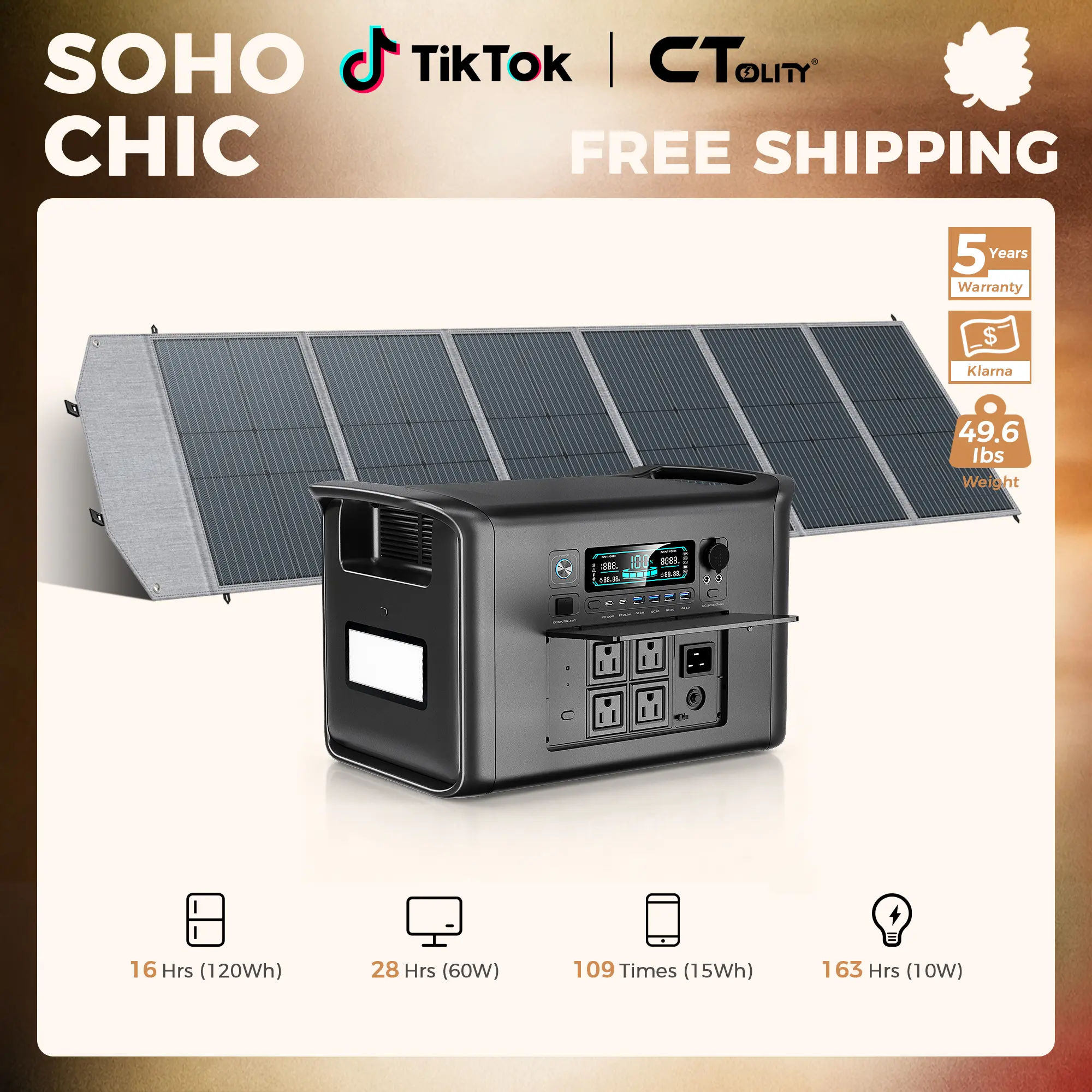 [SohoChic] CTOLITY AP2000 Solar Generator Kit, 2600W 2048Wh Portable Power Station, SPC200 200W Foldable Solar Panel, LiFePO4 Battery, UPS Backup Power for RV, Camping, Off-Grid & Emergencies, [Power Outage Survival], TiktokShopStockup