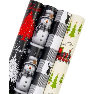 Christmas Wrapping Paper Rolls - 4 Rolls of Rustic Holiday Gift Wrap with , Plaid Reindeer, Christmas Tree, and Snowman - 30 in x 10 ft Per Roll (100 sq. ft Total)