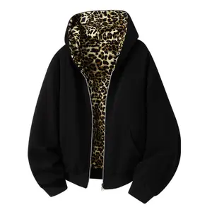 Fashionable streetwear two-way wear hooded sweatshirt; unisex heavyweight loose-fit color-block matching jacket; double-sided leopard-print hooded cardigan sweatshirt; spring/autumn loose, trendy, versatile outerwear.