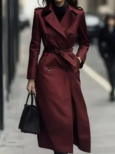 Women's Classic Double-Breasted Belted Windbreaker Jacket, Casual Outdoor Work Business Wear, with Waistband and Lining, Fall & Winter