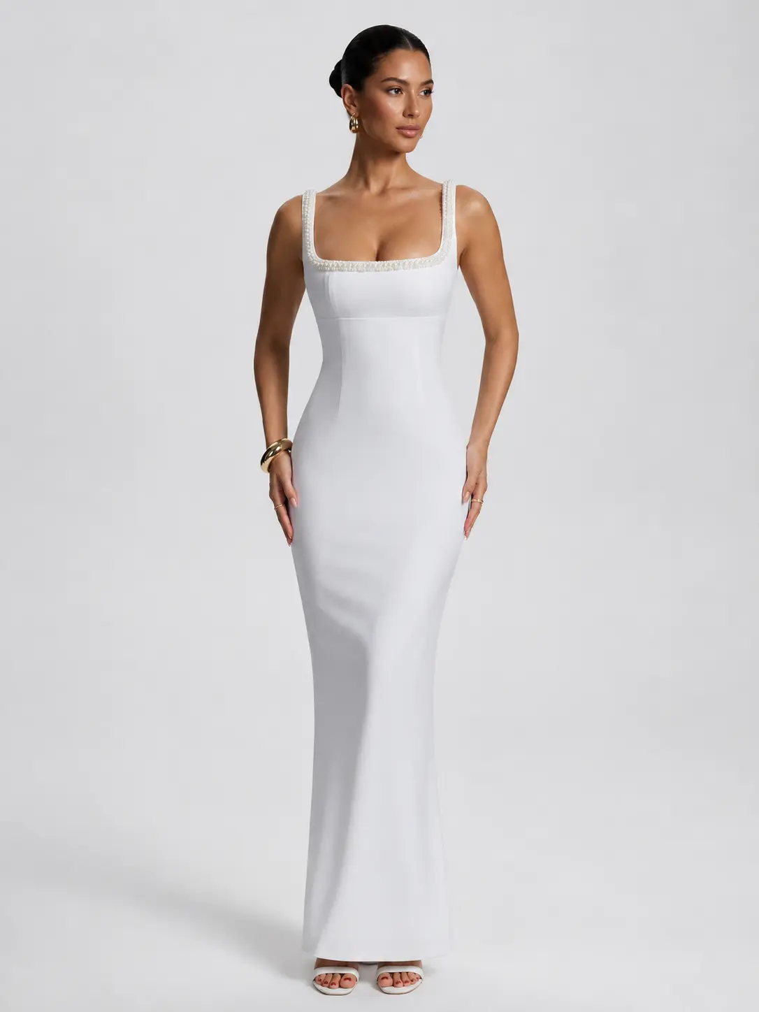Azazie Aure Square Neckline Contrast Trim Sleeveless Bodycon Maxi Dress for Wedding Guest Cocktail Party Evening Stretch Crepe
