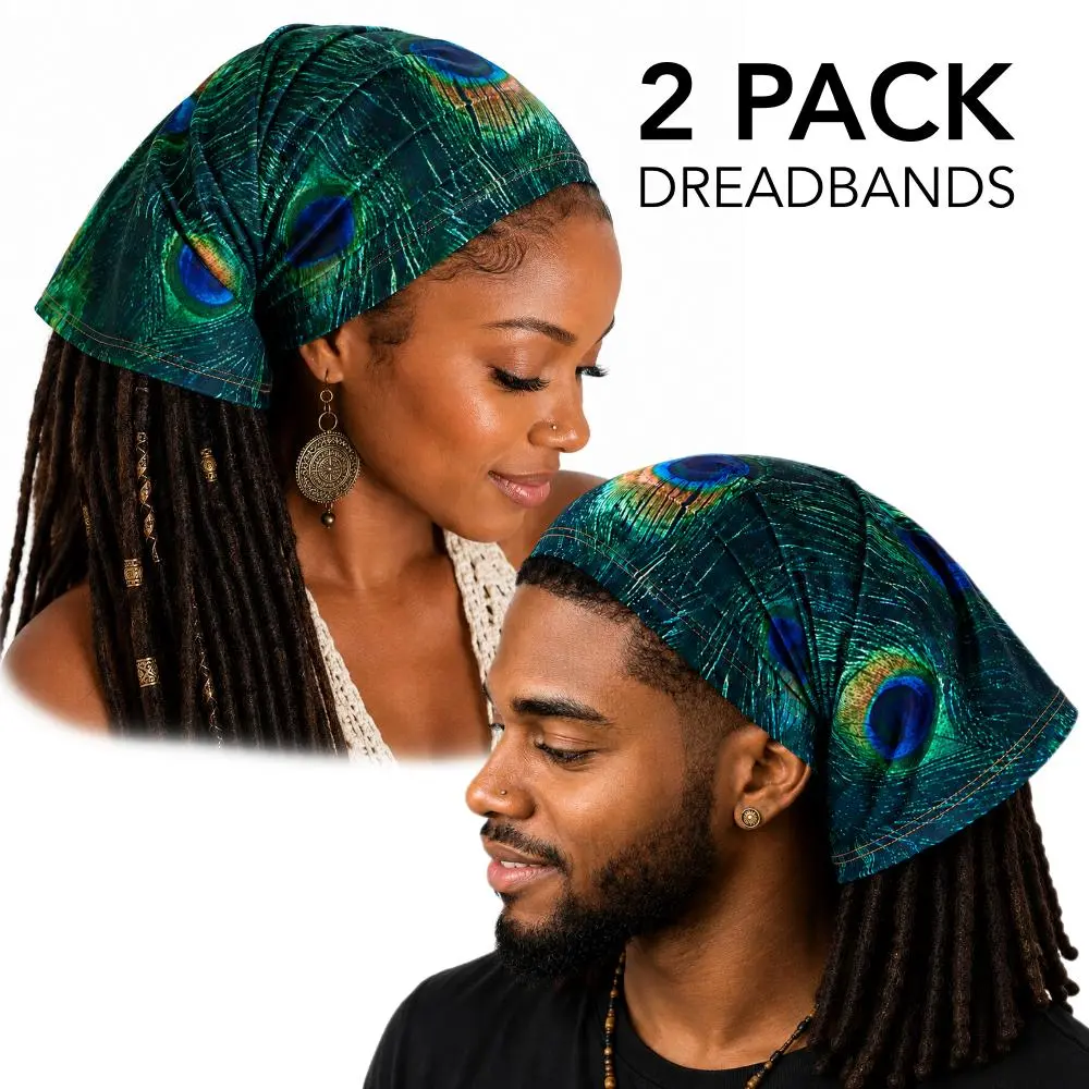 2 Pack Peacock Long Headbands | Handmade in USA | Fabric hair band tube soc for Locs, Braids & Buns