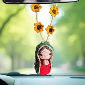 Handmade Crochet Car Rearview Mirror Hanging Ornament with Cute Mary Statue Red Roses Pearl Beads Car Interior Decorative Pendant