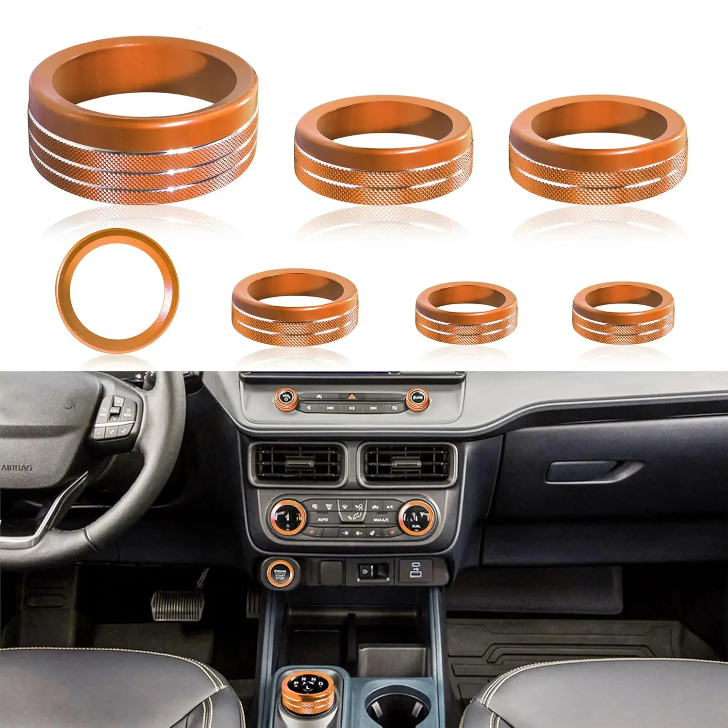 Gear Shift Knob, Headlight Knob Cover for Ford Maverick Accessories 2022 2023 2024 Start/Stop Push Button Ring, AC Climate Control Button 4WD Switch Volume Knob Trim Covers 7Pcs (Orange)
