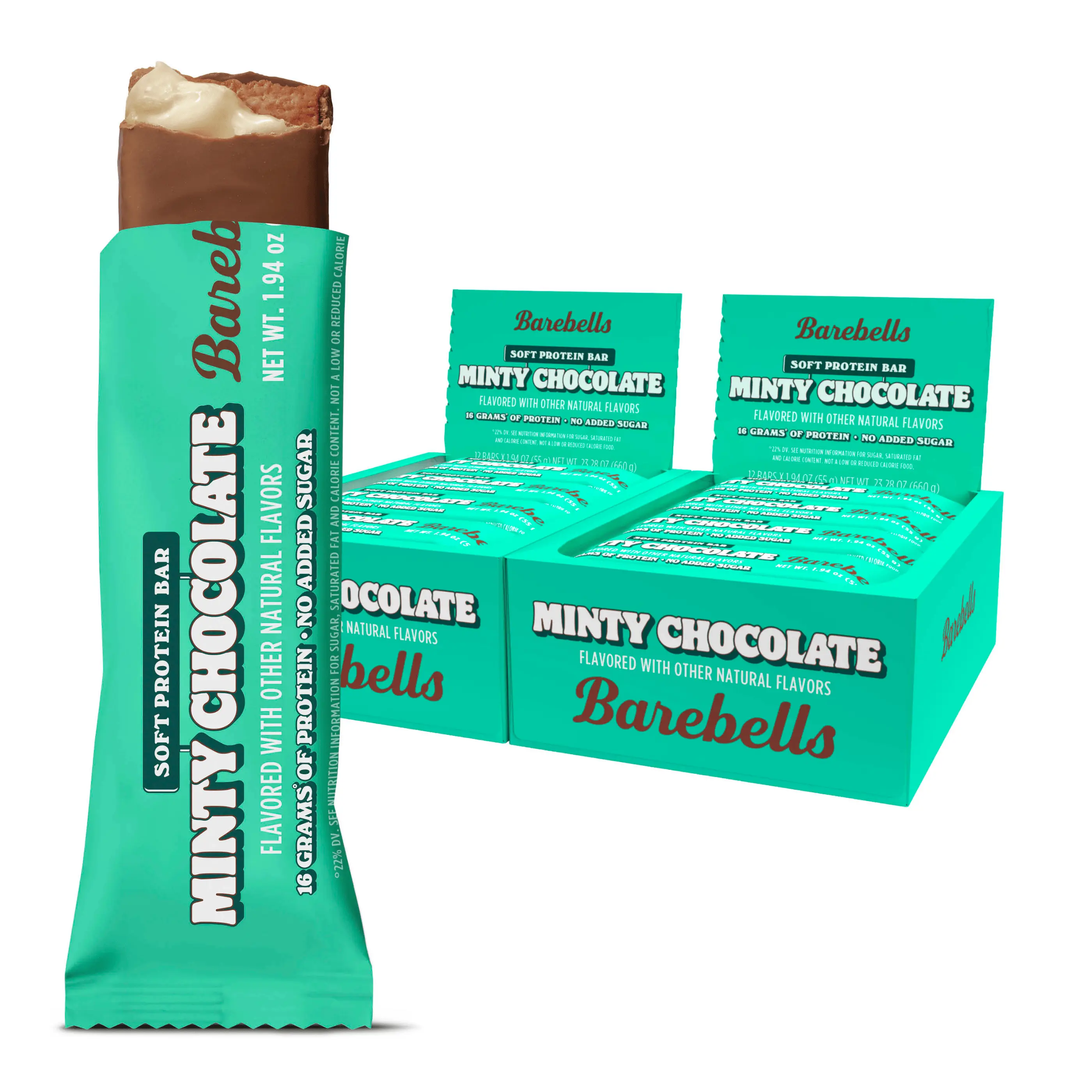 Barebells Soft Protein Bars Minty Chocolate - 24 Bars (2 Packs of 12) -16g High Protein Treats - Chocolate Nutrition Bar with 1g Total Sugars - On The Go Breakfast or Post-Workout Snack