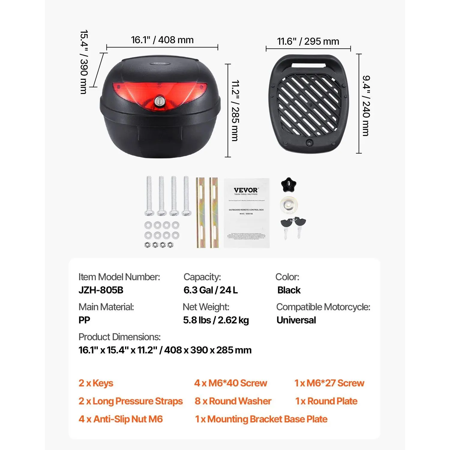 VEVOR Motorcycle Top Case, Universal Durable PP Material Motorbike Tail Box with Reflective Panel, 24L Waterproof Detachable Motorcycle Top Box with Multi-Hole Base, Fit for 99 of Motorcycle Frames