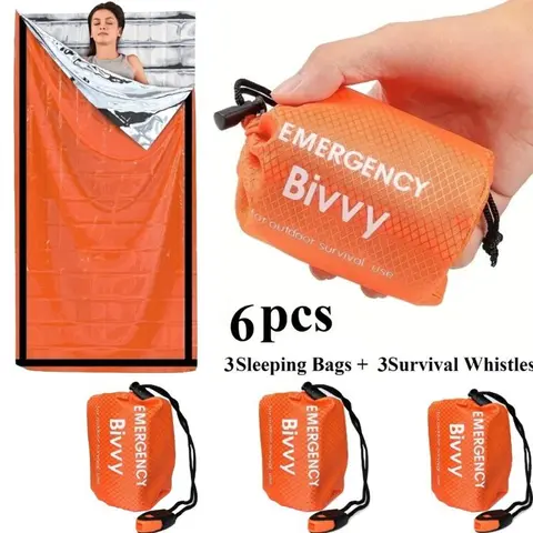 6-Piece Portable Emergency Sleeping Bag Set - Survival Supplies, Emergency Supplies, Weather Resistant Shelter, 3 Blankets, 3 Whistles, Compact Gear for Camping, Hiking, Family Trips,sohochic