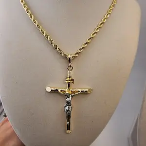 27 - 14K Gold Laminated Cross and 24-Inch Rope Chain Set Unisex Dainty Necklace for Daily Wear and Gift