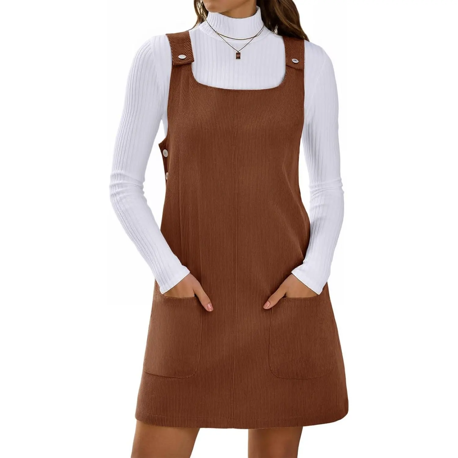 Yousify Women's Casual Corduroy Square Neck Sleeveless A-Line Above-the-Knee Mini Dress with Waist Detail, Pockets, Solid Romper Design, Apricot