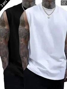 Men's Plus Size 2-Pack Solid Color Sleeveless Tank Tops, Oversized Casual Muscle Shirts for Summer, Gym, Workout & Daily Wear