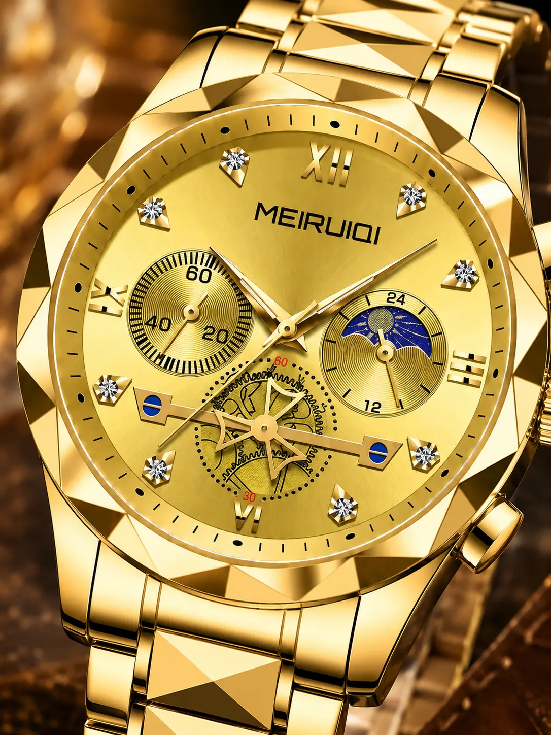 MEIRUIQI Fashion Men's Watch Blue Dial Gold Frame Business Quartz Watches Multi-function Waterproof Wristwatch for Mainland China Free Gift Watch Adjuster