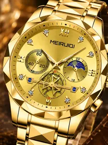 MEIRUIQI Fashion Men's Watch Blue Dial Gold Frame Business Quartz Watches Multi-function Waterproof Wristwatch for Mainland China Free Gift Watch Adjuster