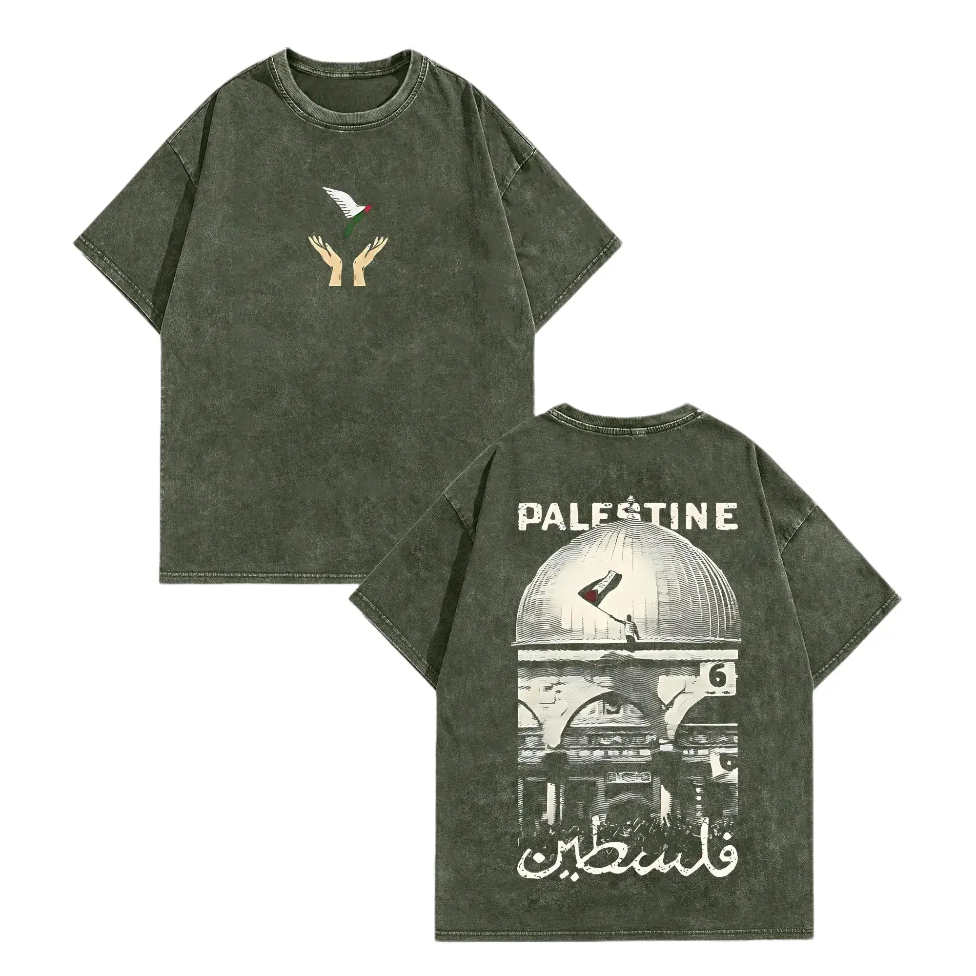 [BT] Men's Palestine Freedom Vintage Oversized Fitted Round Neck Heavy Cotton Tee - Double-Sided Washed, Hope Graphic, Figure Print, Solidarity Retro Streetwear, Limited Drop, Distressed Casual, Festive Father's Day Gift, Sports Top, Unisex, Graphic Tee