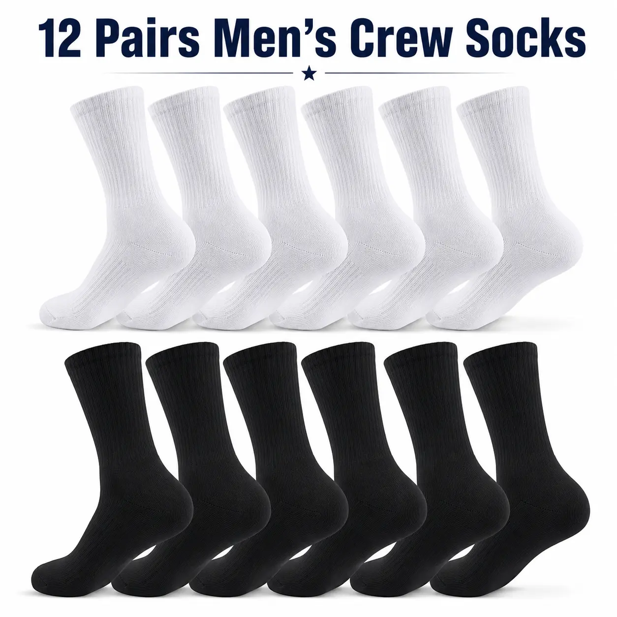 Men’s Cotton Crew Calf Socks 12 Pairs - Durable, Lightweight Cushioned Sports Work Socks, Reinforced Heel & Toe, Machine Washable, Sizes 9-11, 10-13, Black, Grey, White, Durable Sports Socks