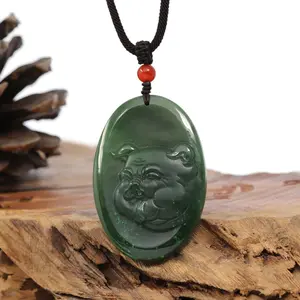 Natural Jade 12 Zodiac: Nephrite Jade Hog Pendant Necklace in Deep Green