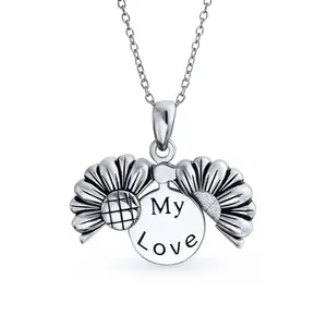 Floral Sunflower Locket Necklace with Inspirational Saying Rhodium Plated Silver