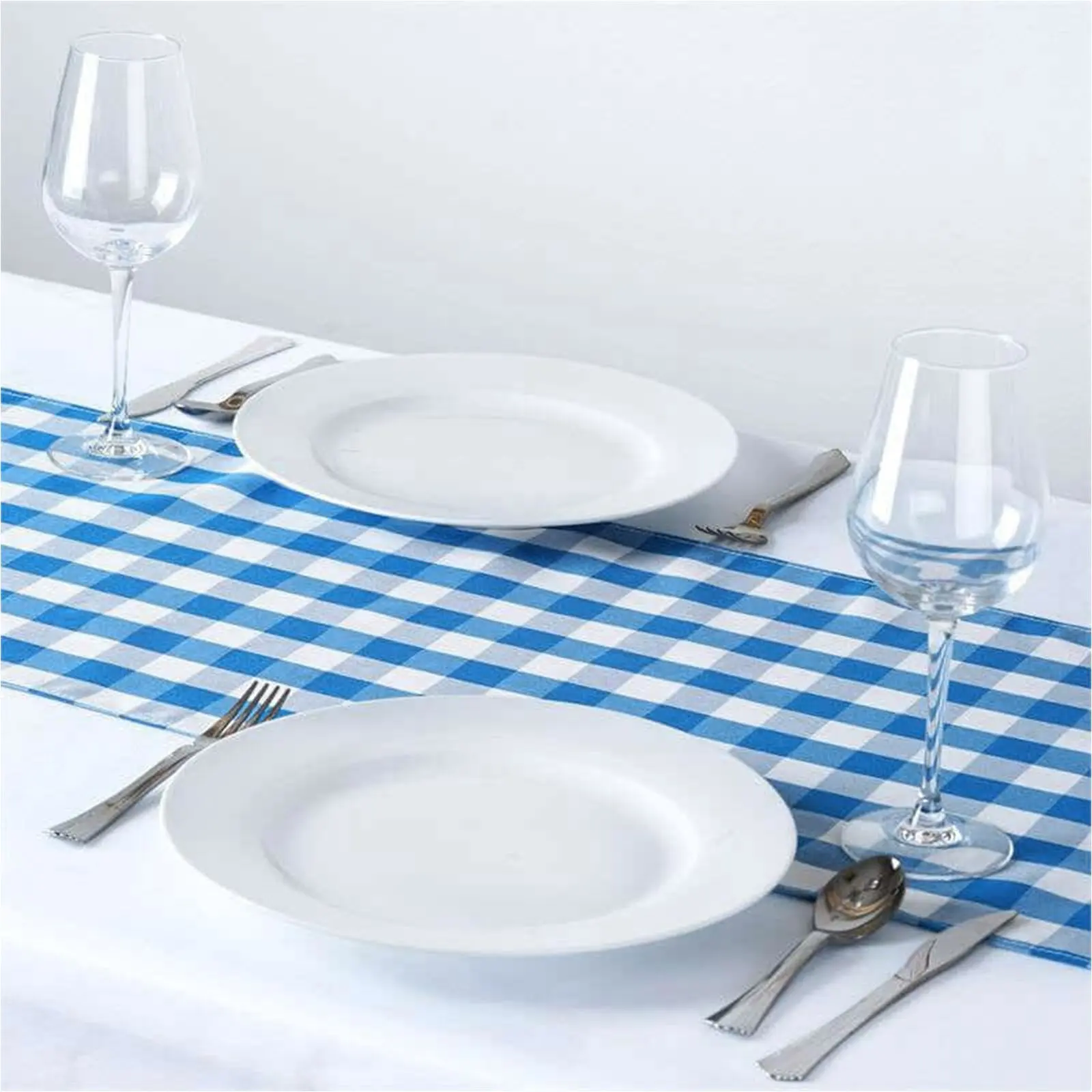 Blue-White Buffalo Plaid Gingham Polyester Table Runner, 14"x108" Checkered Kitchen Linen for Party