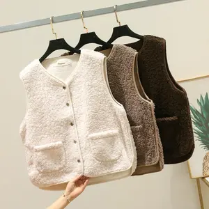 Women Fashion Polar Fleece Vest Solid Color V-Neck Sleeveless Button-Down Waistcoat Jackets Autumn Winter Casual Outerwear