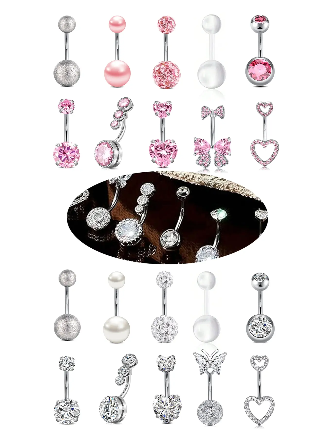 5 Counts Stainless Steel Belly Rings, Zirconia Paved Navel Piercing Jewelry, Heart Design, Unisex Body Piercings Gift, Belly Button Jewelry
