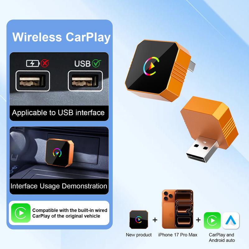 Aimoon New CarPlay 2026 Wireless Adapter for iPhone/Android Apple 17 Orange Fast Connect No Delay Hands-Free Calling Electronic Charger CarPlay Adapter