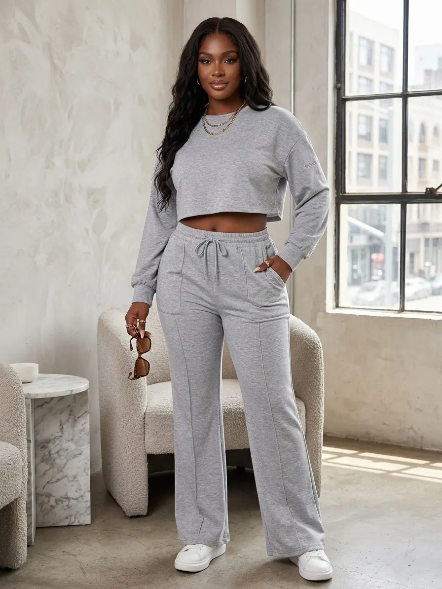 Women's 2-Piece Polyester Tracksuit - Heather Grey Minimalist Lounge Set, Comfortable Long-Sleeve Cropped Hoodie Sweatshirt, High-Waisted Wide-Leg Sweatpants for Everyday Chic Streetwear